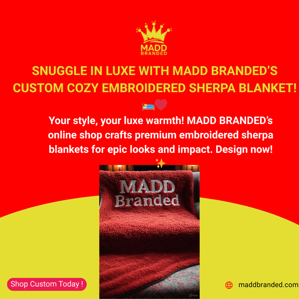 Snuggle in Luxe with MADD Branded’s Custom Red Embroidered Sherpa Blanket! 🛌❤️